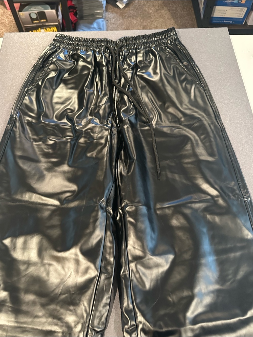 Black Faux Leather Flare Pants w/ Drawstring
